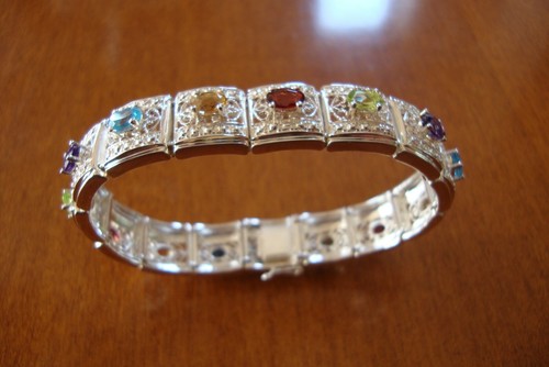 STERLING SILVER MULTI GEMSTONE FILIGREE BRACELET 41 GRAMS 7 INCHES LONG - Picture 9 of 10