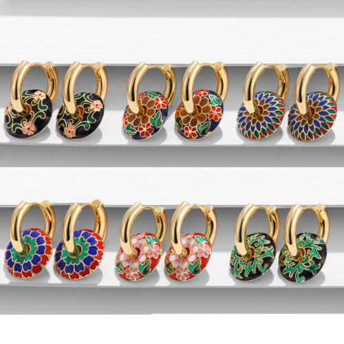 Boucles d'oreilles vintage cercle en émail floral pour femmes charme volumineux huggie cadeau - Photo 1/23