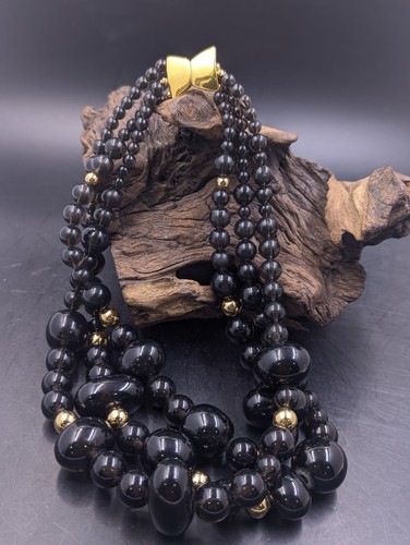 LCi LIZ CLAIBORNE Black Three Strand Beads Gold Tone Hook Clasp Necklace 17''L - Picture 2 of 7