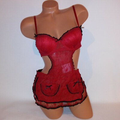 Just Sexy Lingerie Set Babydoll & Panty Red Black Apron Style Maid Tie Up Lace