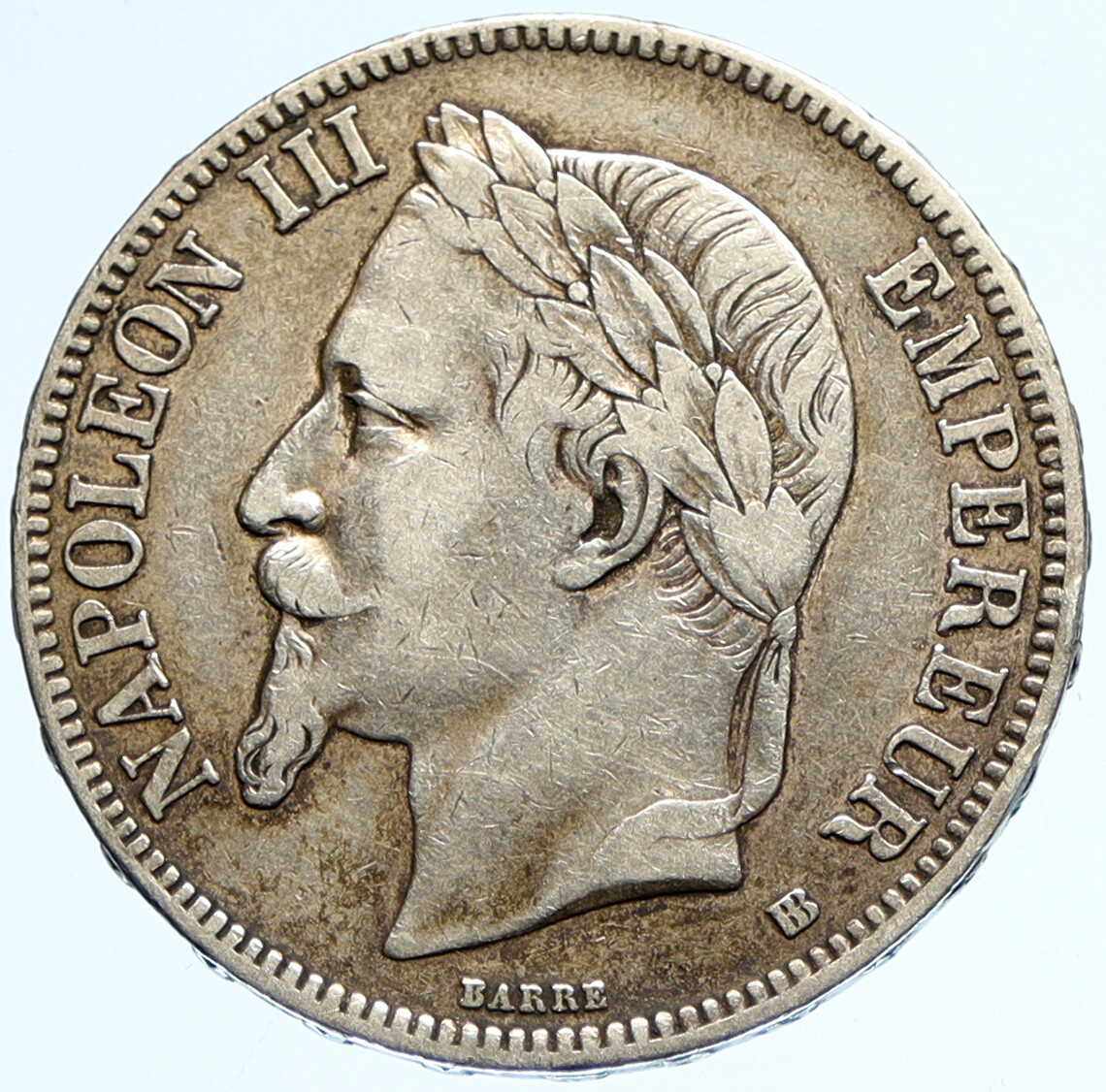 1867 FRANCE Emperor NAPOLEON III Crowned ARMS Silver 5 Francs