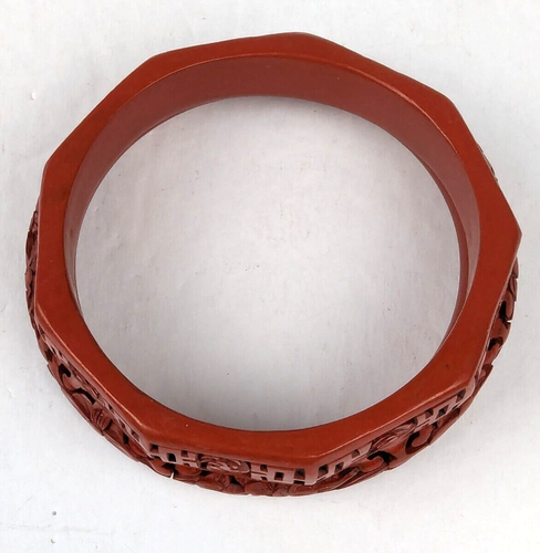 2 Vtg Carved Cinnabar Lotus Flower 8" Bangle Bracelets Red Chinese Lacquer - Picture 6 of 12