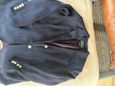 Vintage LRL RALPH LAUREN 100 Silk Blazer Jacket Size 12P Navy Blue Pinstripe