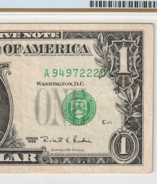 1995 $1  FRN ~ OVERPRINT MISALIGNMENT ERROR  ~ High Serial # A 94972220 L ✔ - Image 2 of 3