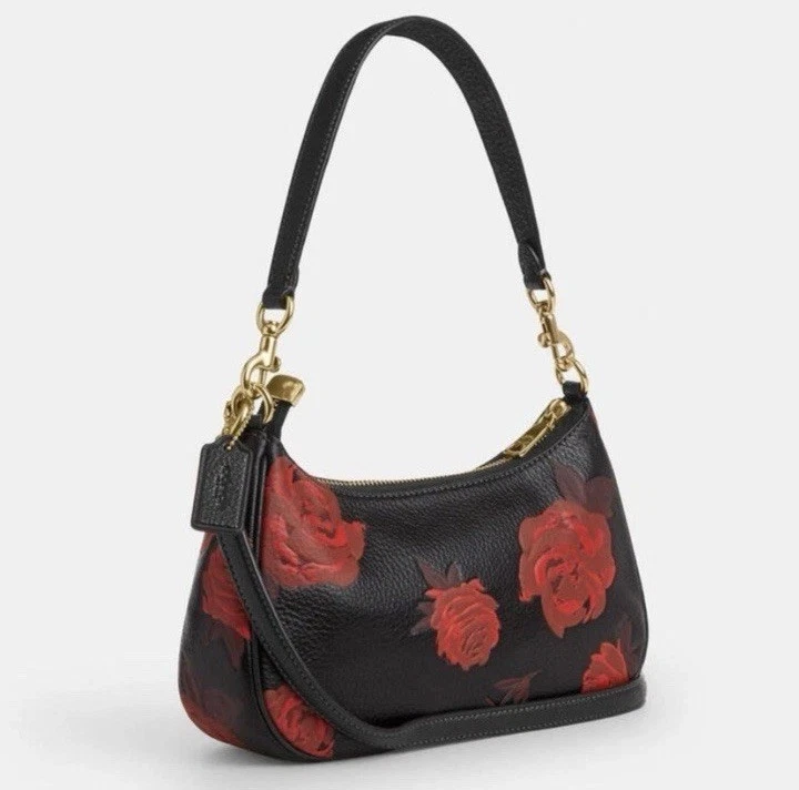 Bolso de Hombro Coach Teri Negro Nuevo con Etiquetas/Impresión Floral Rojo/Bolso Bandolera y Herrajes Dorados Foto 2 de 4