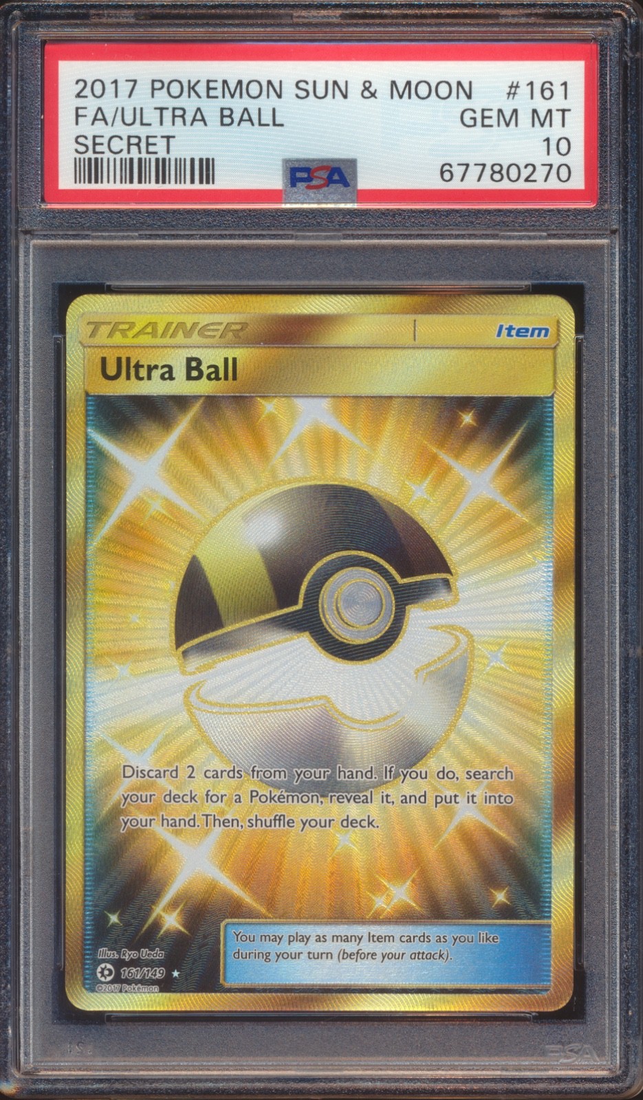 2017 POKEMON SUN & MOON ULTRA BALL #161 SECRET RARE FULL ART PSA 10!