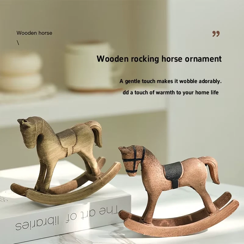 Caballo mecedor de madera retro nórdico decoración de escritorio equilibrio arte adorno miniatura roc Foto 3 de 4