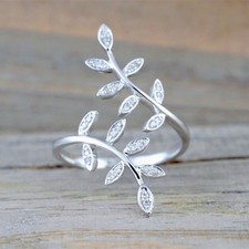 Elegant Leaf S925 Silver Plated Adjustable Ring for Women Wedding Promise Rings