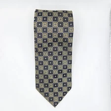 Bergamo New York X Long Blue Gold Geometric Squares Hand Made Necktie 3.75 x 66"