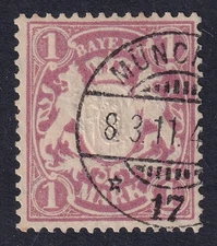 BAVARIA 1911 Arms 1m Mauve SG 134 Used (CV £23)
