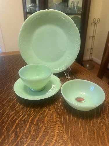 Fire King Jadeite Sheaves of Wheat Place Setting - Plate, Cup and Saucer, Bowl