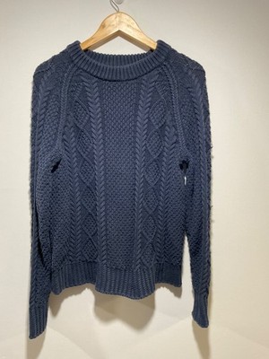 LL Bean Signature Women L Cable Knit Sweater Navy Blue Fisherman Pullover