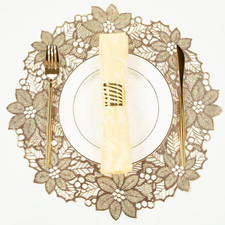 Set of 6 Gold Round Leaf Blooming Placemats Pressed Vinyl 15 inch Non-Slip