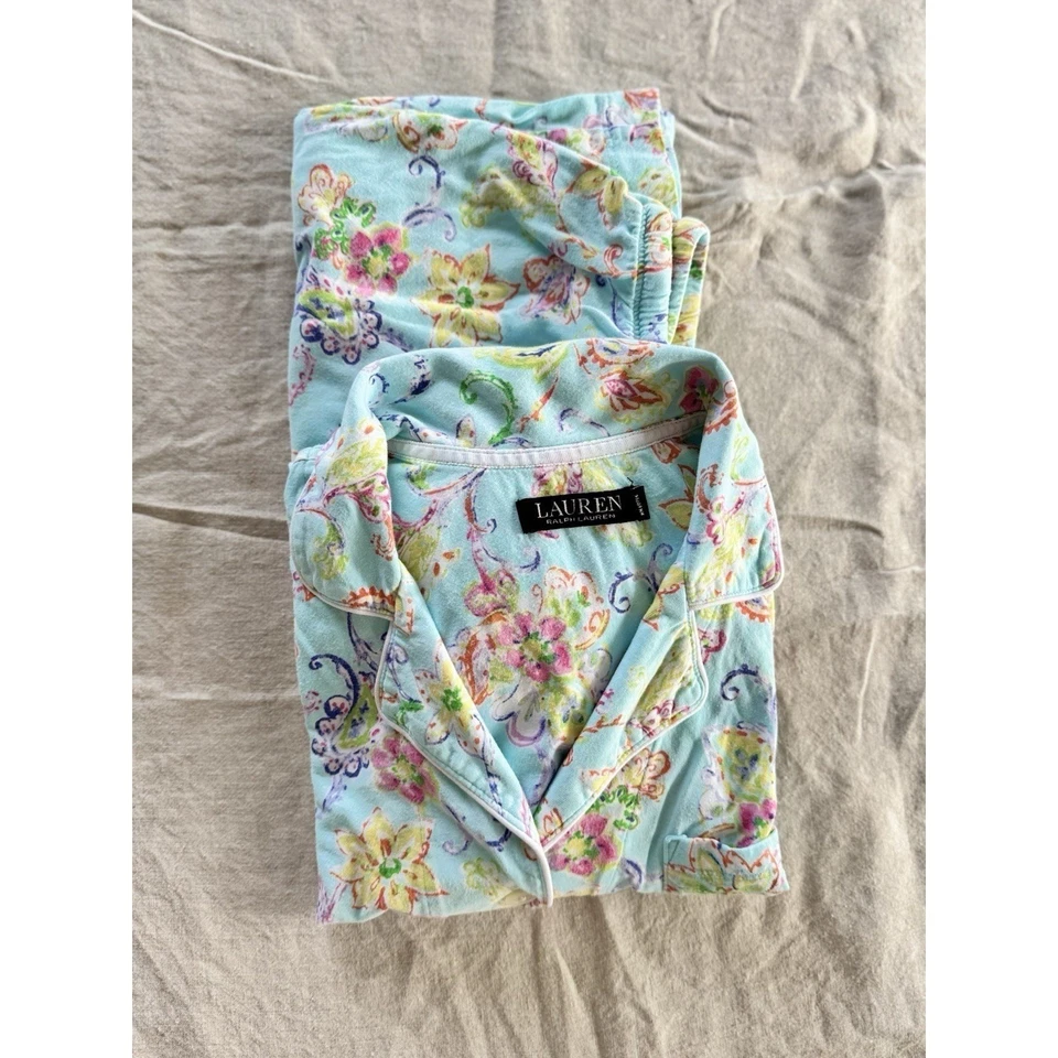 Lauren Ralph Lauren женщин пижамы комплект M цветочный 2 изделия кнопка Топ брюки синий - Изображение 4 из 4