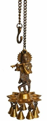 Statue/Diya/Deepak/Öllampe von Lord Krishna Dachbehang mit Glocken