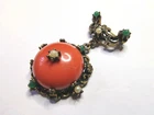 Vintage costume jewelry red brooch with pearls And Green Stones