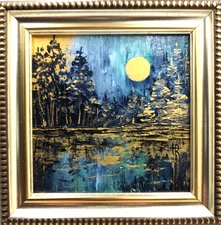 Original oil painting Gold Magic Forest Abstract Painting 4x4in framed