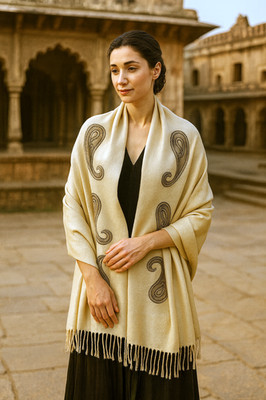 Sanskriti New Embroidered 100% Pure Wool Shawl Cream Throw Stole Paisley