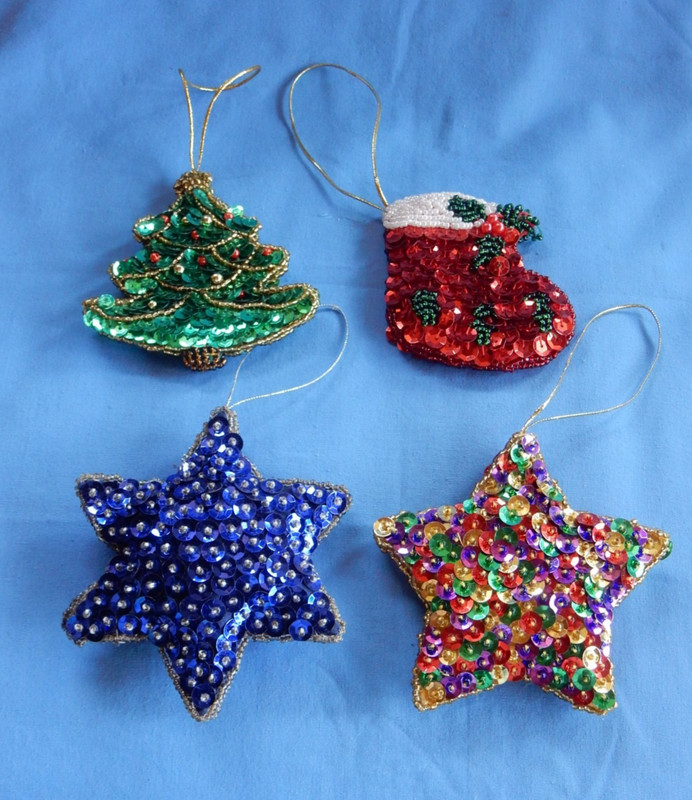 4 Vintage Puffy Sequin & Bead Christmas ornaments Tree Stocking & Stars