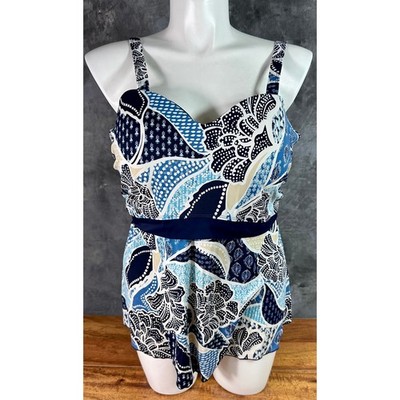 D & Co Blue & White Multi Colored Tankini Swimsuit Top sz 22W (16272)