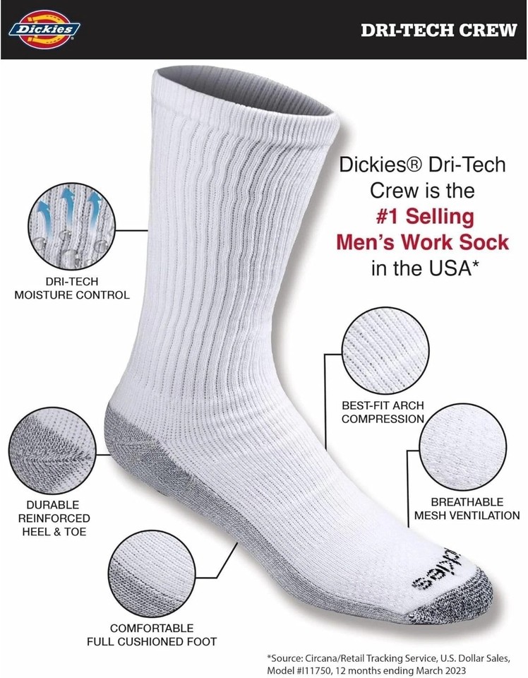 Dickies Multi-Pack Dri-Tech Moisture Control Crew Sokken voor heren, verpakking van 12 stuks, Comfort lengte getipt (6 paar), M