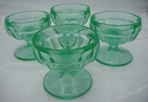 Set of 4 Anchor Hocking Green Uranium Optic Panel Footed Sherbet/Dessert Cups