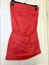 Nikibiki Woman's SMALL Strapless Mini Dress 100% Linen Coral Pockets Euro Summer