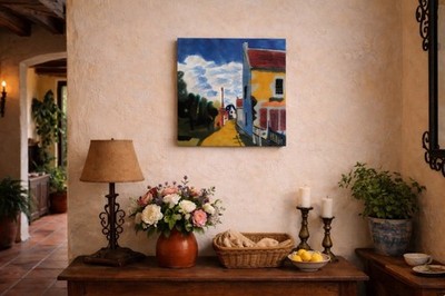 Colorful Street Scene Ceramic Relief Hand Painted Glazed Tile Art 30 x 30 cm