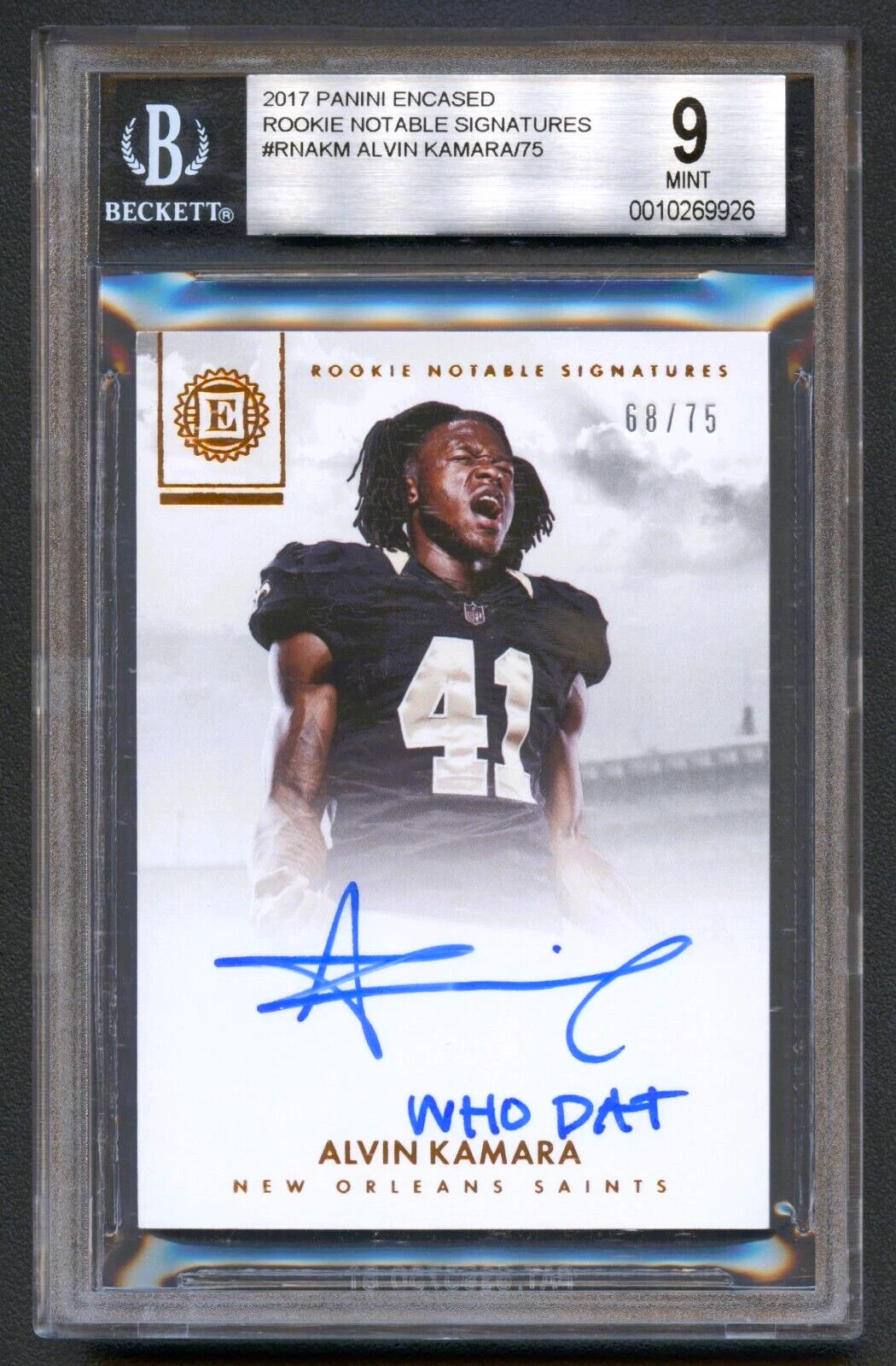 Alvin Kamara Panini Encased Rookie Notable Signatures #RNAKM Diamond 1/1