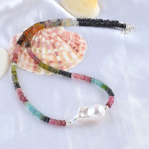 Handmade Natural Multi Tourmaline 4-5mm Beads Chain 925 Silver Strand Necklace - Picture 5 of 6