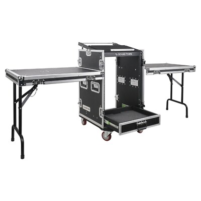 Sound Town 16U Rack Case 2U Drawer 11U Slant Mixer Top Two DJ Table (MR-DR16UT2)