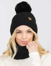Black Fleece-Lined Detachable Pom-pom Beanie And Scarf Set