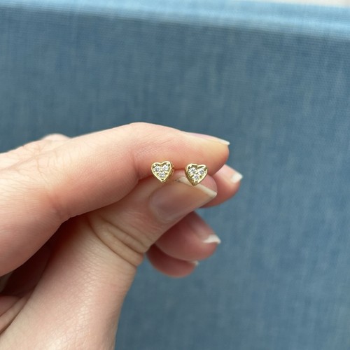 Gold Heart Stud Earrings with Clear Cubic Zirconia - Picture 2 of 3