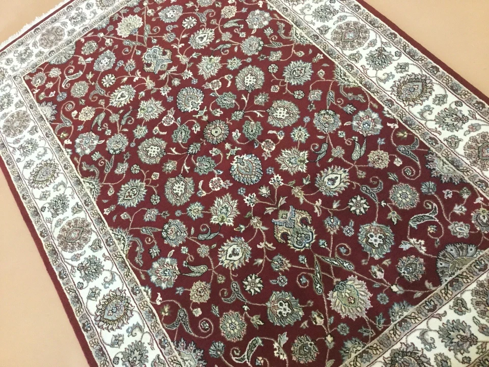 5’.0”x 7’.3” Red Beige All-Over Floral Oriental Rug Hand Knotted Wool Home Study - Image 4 of 4