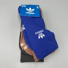 3 Pairs! Adidas Crew Socks, Blue, Grey, Brown. Sz Large, Mens 8-12, Womens 10-13