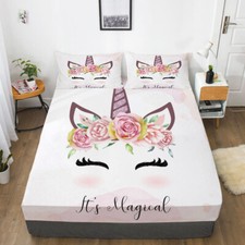 Image of Cartoon Unicorns Fitted Sheet Set Girls Bedding Decor/Customizable Single Size
