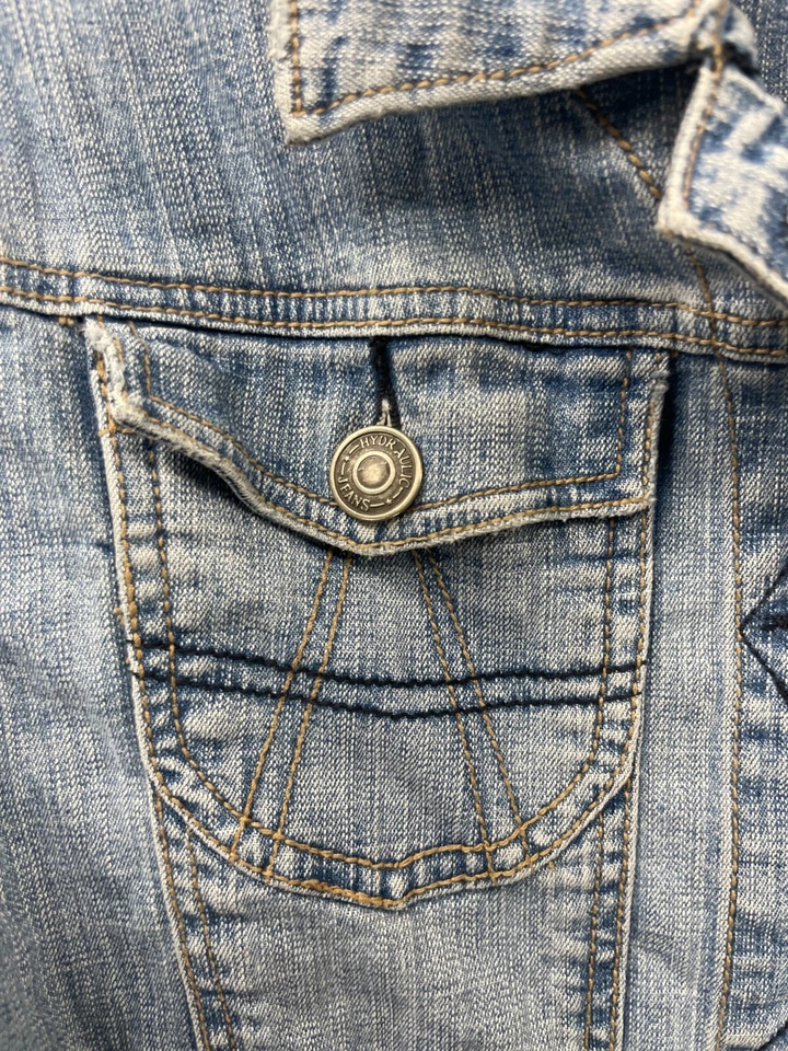 Y2K HYDRAULIC Cropped Jacket Womens Large Blue Denim Cotton Embroidered Pheasant - Image 4 of 4