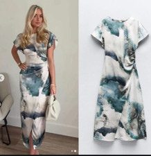 ZARA NEW SS24 MIDI GATHERED TIE-DYE SATIN DRESS SLIT GREENISH 6962/022 XS,S