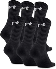 6 Pair UNDER ARMOUR Men Crew Socks BLACK Large 8-12 Cotton BLACK FRIDAY SPECIAL