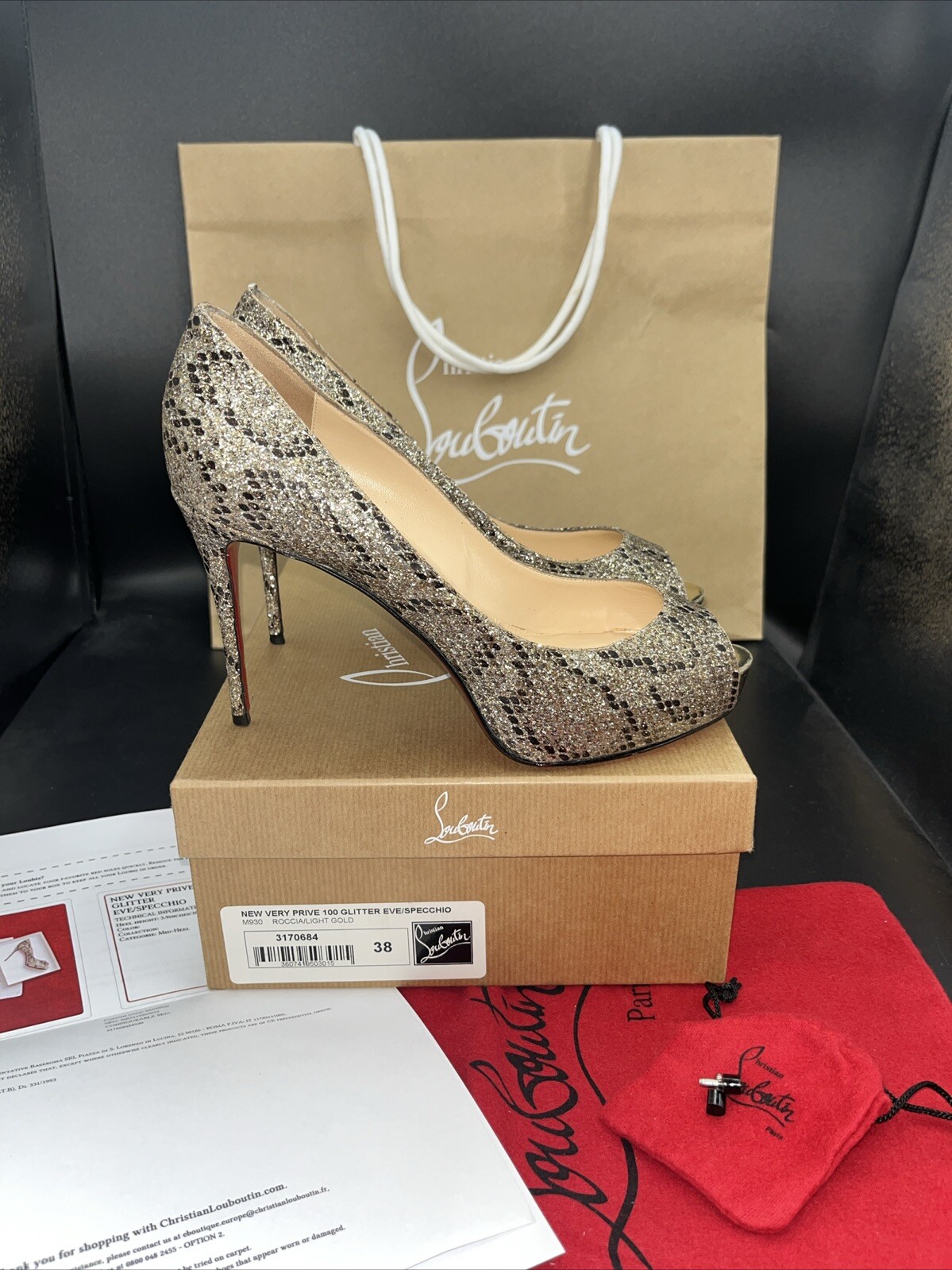 Christian Louboutin New Very Prive 100 Gold Black Glitter Heels Size Uk 5 Eu 38