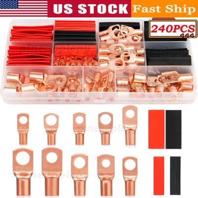 KUZAVTYE 240Pcs Assortment Copper Wire Lugs Battery Cable Ends Ring Terminals Connectors