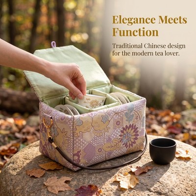 Teaset Storage Bag, Fabric Tea Set Carrier with Traditional Chinese Pattern