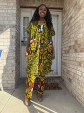 Modern African Ankara Wax Print Afro Calantha Tie side kimono 2p Women Pant Set