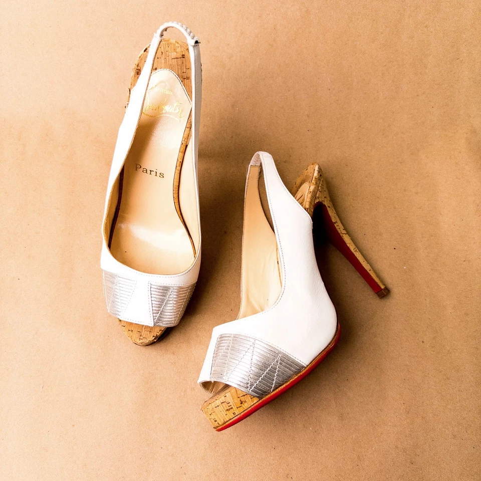 Christian Louboutin Moyen Prive Blanco Plata Corcho Tacones Talla 7 37 Boda Foto 4 de 4