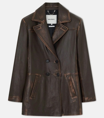 Halfboy Leather Peacoat XS Brown Double Breasted Blazer Jacket Net a Porter