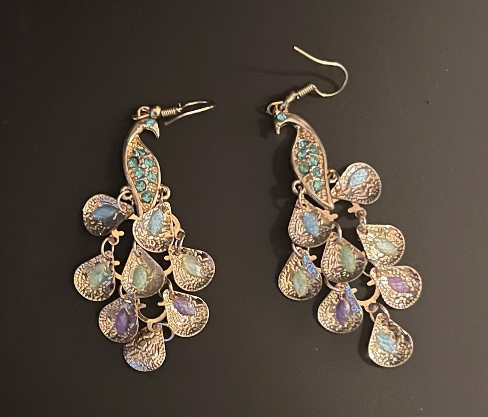 Betsey Johnson Crystal Blue Peacock Gold Filigree Dangle Earrings - Image 2 of 4