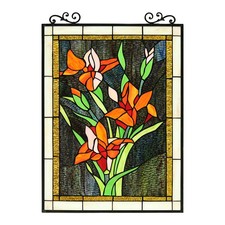 Stained Glass Window Panel Colorful Floral Lily Tiffany Style 18" W X 25" T