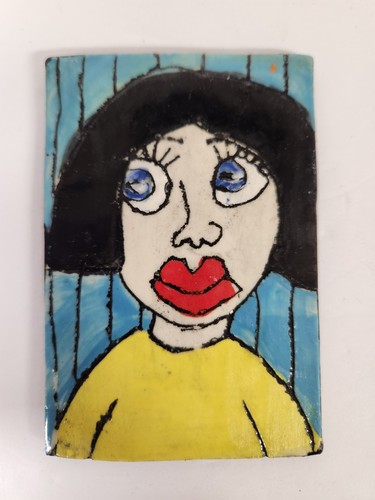 Hand Made Ceramic Tiles Whimsical Women Faces OOAK Set of 4 Red Bird Ceramics - Picture 8 of 12