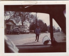 VINTAGE POLAROID PHOTO POV FROM CAR CAMPER RV SERIOUS APPROACHING MAN VW BEETLE