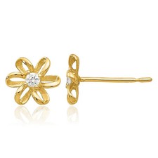 14K Solid Yellow Gold CZ Flower Stud Earrings